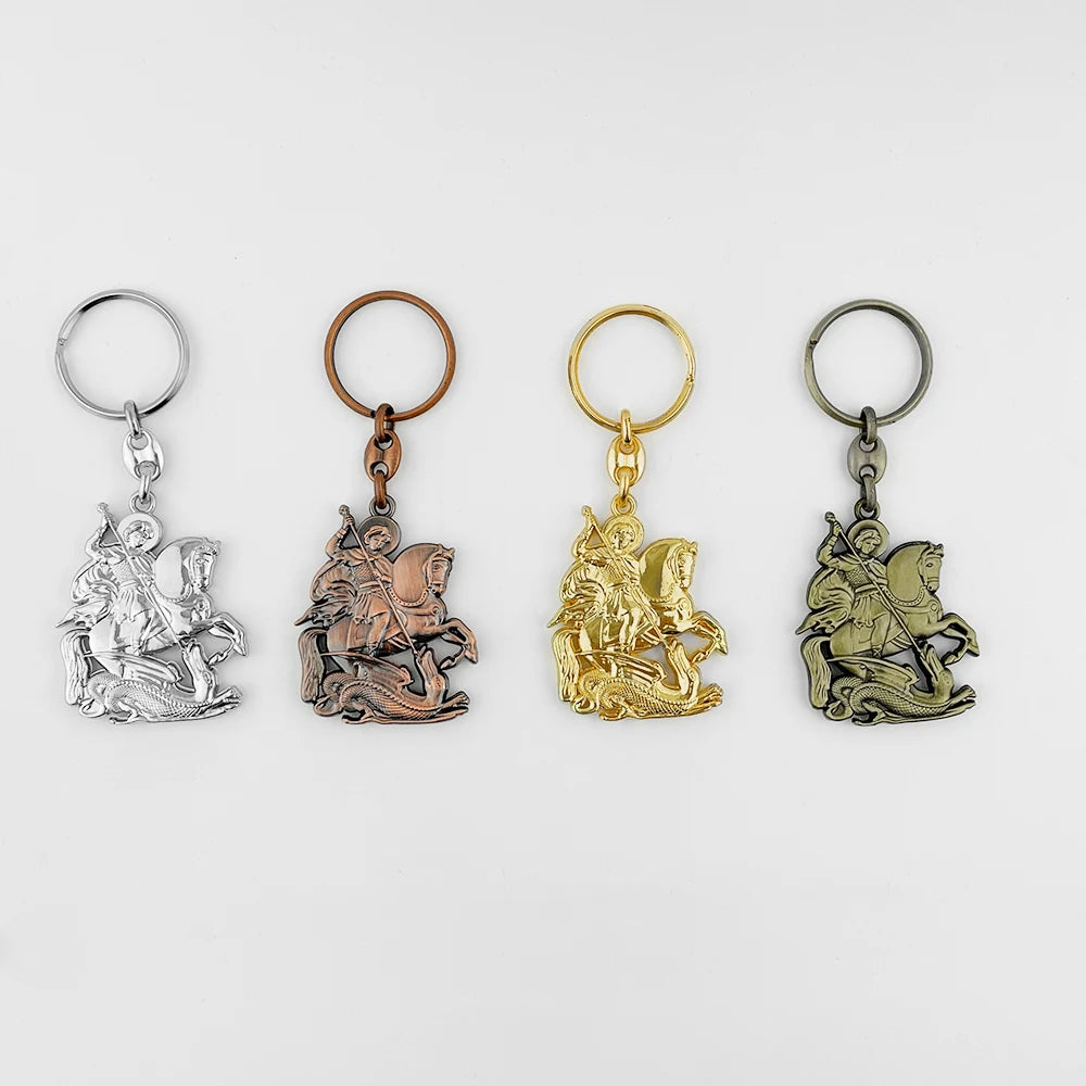 HT Multiple Colors St. George Slaying the Dragon Keychain Zinc Alloy Religious Pendant Keyring Catholic Gift for Believer