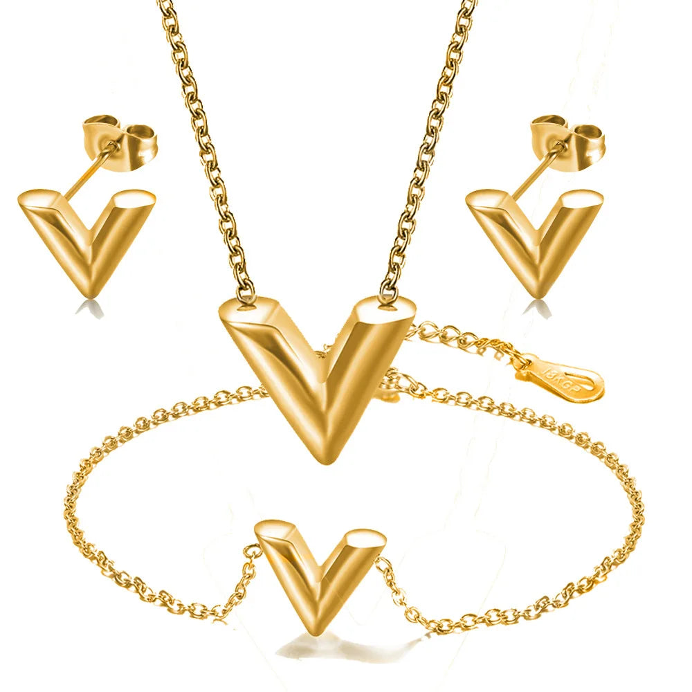 V Letter Necklace Earrings Titanium Steel Set Jewelry Set Women Stainless Steel Jewelry Three Piece V Bracelet