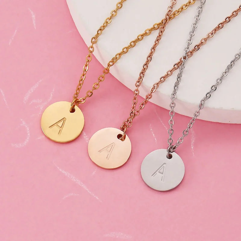 Tiny Round Disc Initial Necklace Gold Silver Plated Letters Name Choker Necklaces Pendants for Women Minimalist Jewelry Pendant