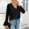 Factory Wholesale Black V - Neck Pullover Over - Shoulder Design Beaded Inlay Polyester Fashion Pullover