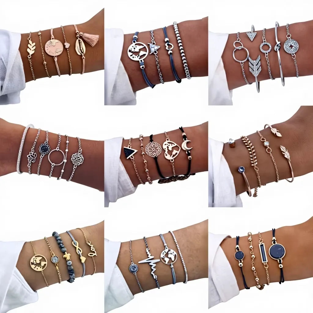 Hot Sell Retro Bohemian Chain Bracelet Flower Heart Shell Star Moon Bow Map Crystal Bead Bangle for Women Charm Jewelry