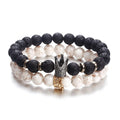 Trendy Black White Volcanic Stone Beaded Bracelets Unisex Crown with Silver Cross Pattern Custom Jewelry for Men Women Gift