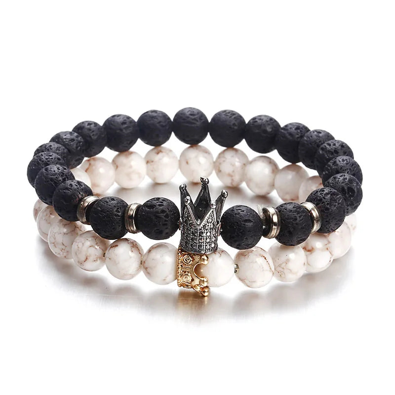 Trendy Black White Volcanic Stone Beaded Bracelets Unisex Crown with Silver Cross Pattern Custom Jewelry for Men Women Gift