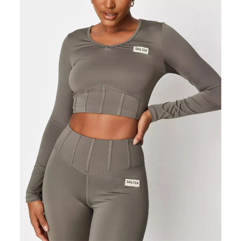 Women's Latest Design Two-Piece Gym Activewear Breathable Crop Top Yoga Pants with Long Sleeves Solid Pattern Sport Suit Clothes
