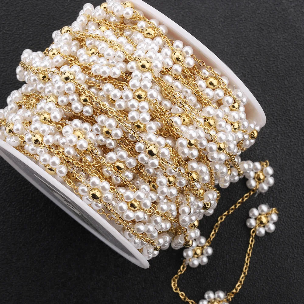 18k Gold Pearl Flower Chain Handmade Pearl Chain Color Preserving High-gloss Stainless Steel Bead Chain Necklace Accessories