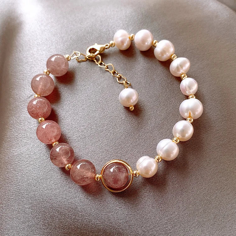 Ins Simple Gold Plated Pink Crystal Beads Bracelet 18K Gold White Baroque Pearl Beaded Bracelet for Women Teen