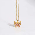 Fenny 18K Gold Plated Waterproof Sweety Hollow Clear Pink Butterfly Zirconia Pendant Stainless Steel Necklace for Women