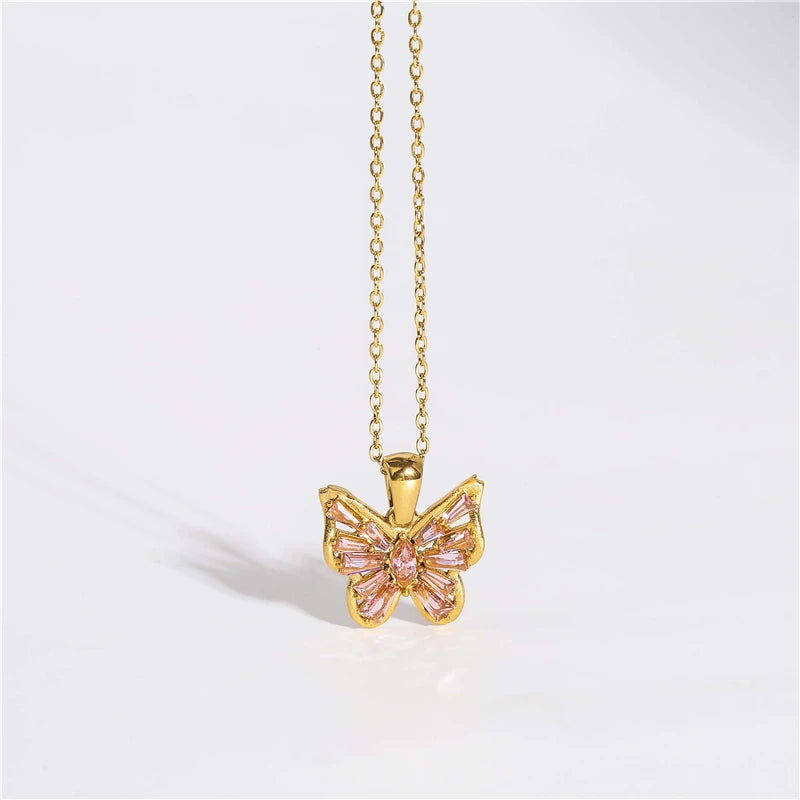 Fenny 18K Gold Plated Waterproof Sweety Hollow Clear Pink Butterfly Zirconia Pendant Stainless Steel Necklace for Women