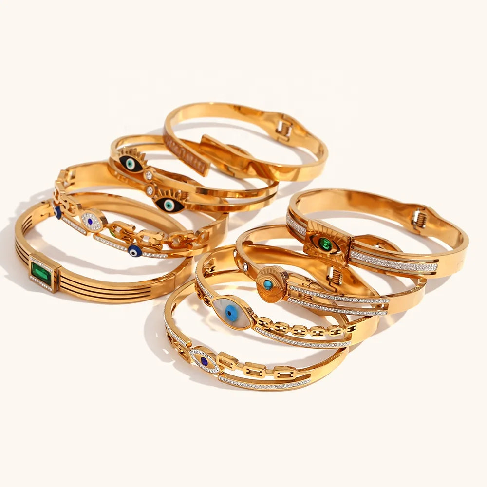 Dingran Bohemian Zircon Stainless Steel Bangle 18K Gold Plated Evil Eye Bangle for Women