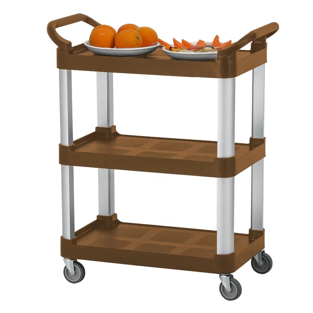 3-Layer Plastic Restaurant Food Serving Trolley Utility Cart with 70-100kg Capacity LFGB Certified for Hotel Restaurant Supplies