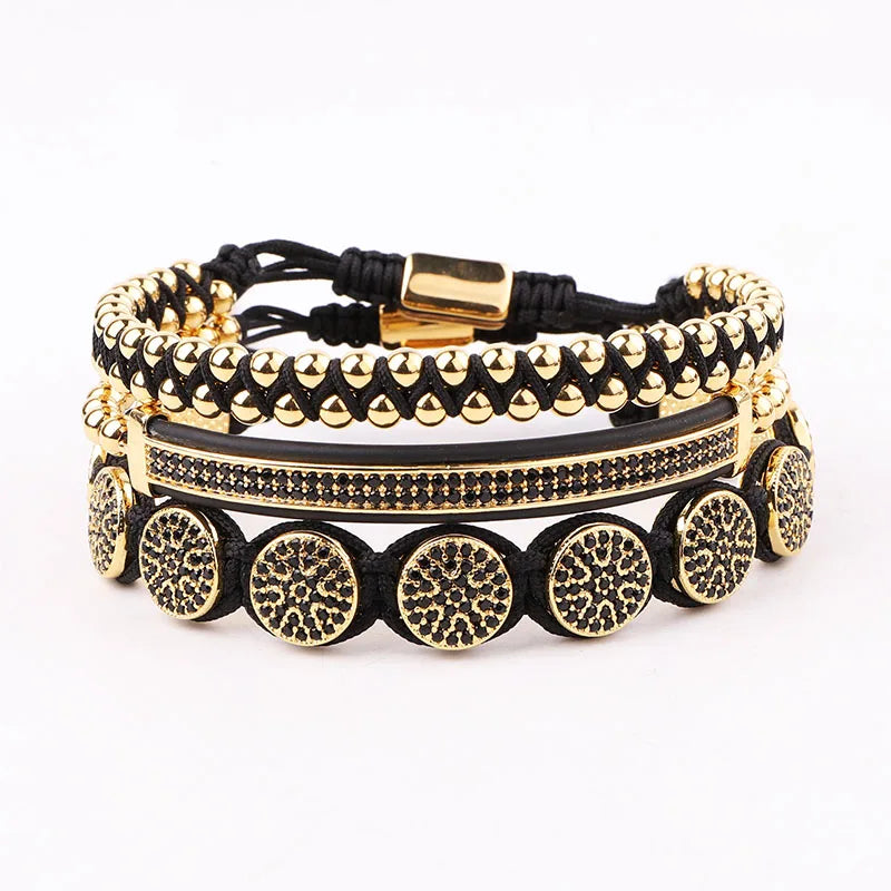 New Design Luxury Black CZ Pave Charm Stainless Steel Bead Men Jewelry Braided Macrame Custom Bracelet Set