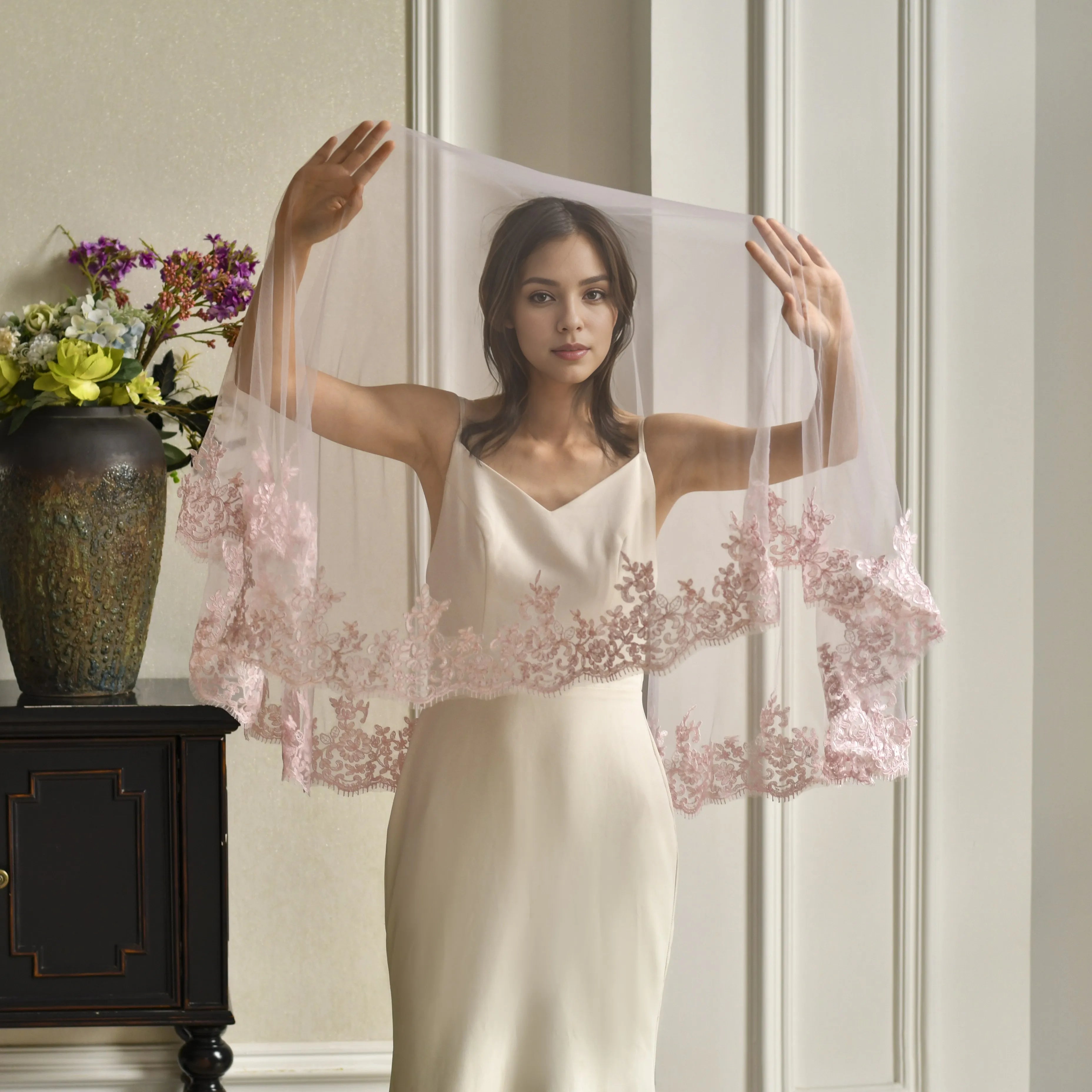 YouLaPan Luxurious Single-layer Transparent Mesh Bridal Veil with High-quality Lace Trim Hair Comb Not Included M115