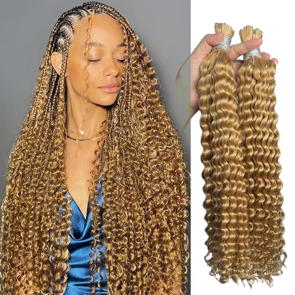 Deep Wave Bulk Human Hair for Braiding #27 Honey Blonde 100% Unprocessed Virgin Indian Hair Extensions No Weft Boho Braids