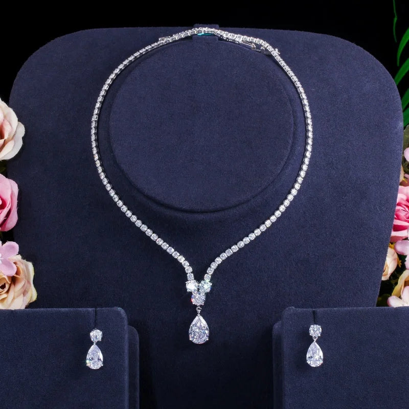 Korean 2 Pcs Cubic Zirconia Teardrop Bridesmaid Tennis Choker Necklace Set Bridal Stud Earrings Minimalist Wedding Jewelry Sets