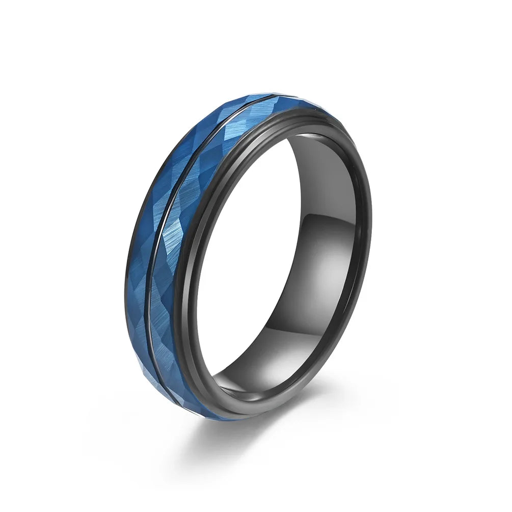 Poya K Hammered Step Edge Two Tone Black Blue Plated Tungsten Rings for Men