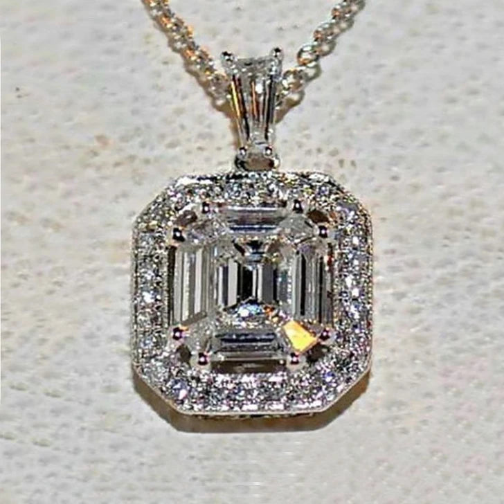 CAOSHI Sparkling Silver Plated Bridal Wedding Necklace CZ Diamond Square Pendant Necklace Princess Cut Cubic Zirconia Necklace