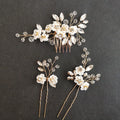 SLBRIDAL Handmade Rhinestone Pearls Ceram Flower Bridal Hair Comb Hair Pin Set Wedding Headpieces Women Jewelry Hair Accessories