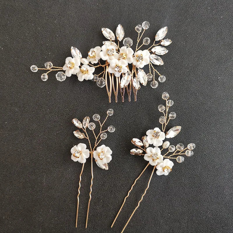 SLBRIDAL Handmade Rhinestone Pearls Ceram Flower Bridal Hair Comb Hair Pin Set Wedding Headpieces Women Jewelry Hair Accessories