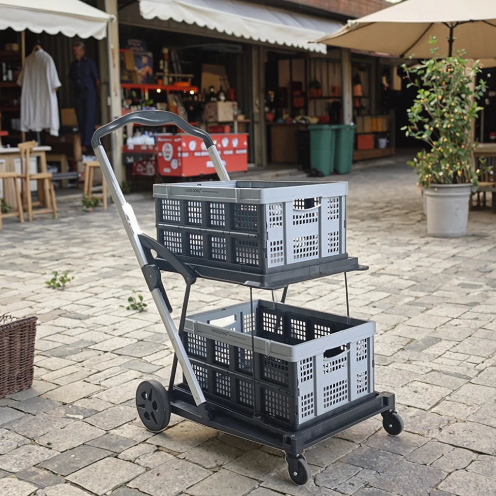 LEADLOONG Two-Tier Collapsible Storage Crate Mobile Folding Shopping Trolley Wholesale Use for Home
