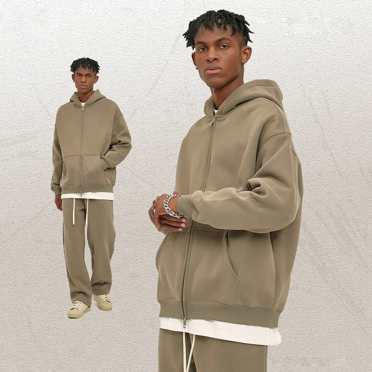 Wholesale 500gsm Fleece Double Zipper Hoodies No Drawstring OEM Oversize Fit Zipper Hoddie Custom Logo Heavyweight Hoodies