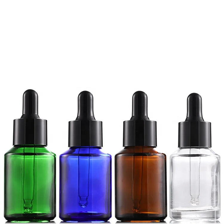 30ml 1oz Luxury Flat Shoulder Amber clear Blue Green Essential Oil Glass Dropper Bottle