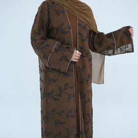 Turkish Floral Embroidery Crepe Abaya Dress for Adults Open Muslim Women's Puff Sleeves Kaftan for Eid Long Robe From Dubai Arab
