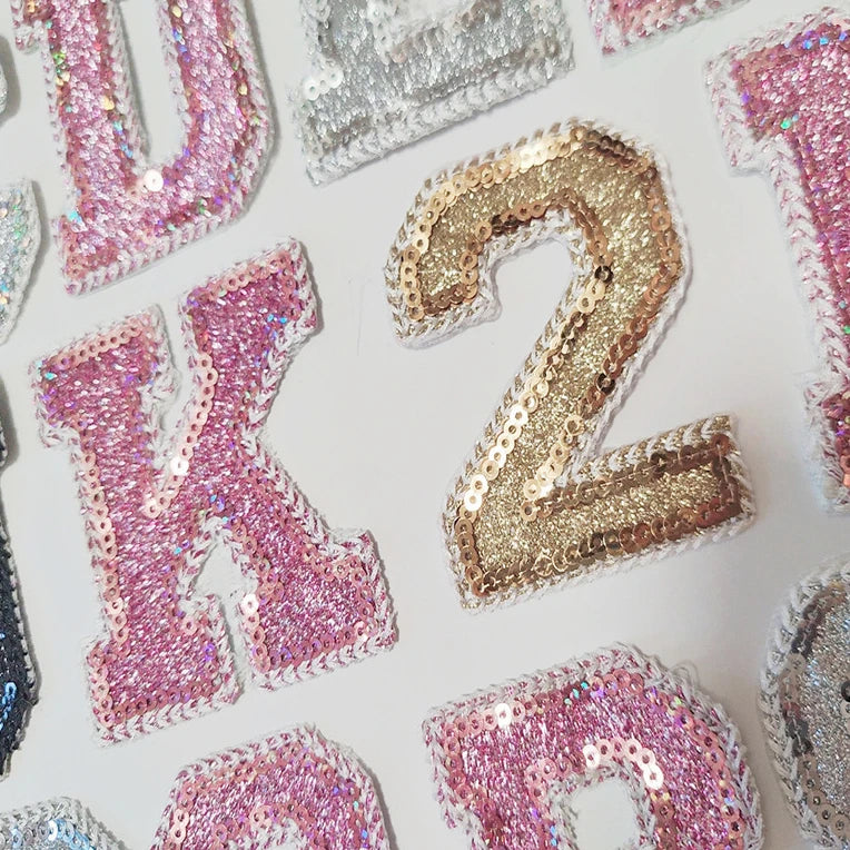 6.5cm Iron-On English Letter Sequin Patches (Pink Black Silvery) for Clothing & Hats-Fabric Material