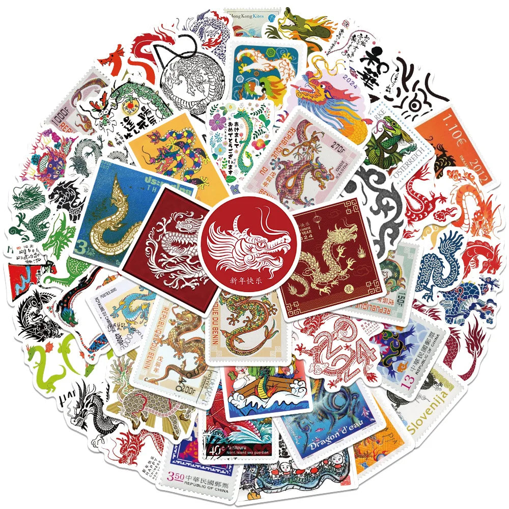 2024 New 50PCS Cool Chinese Zodiac Stamp Collection Vintage Postage Dragon Sticker