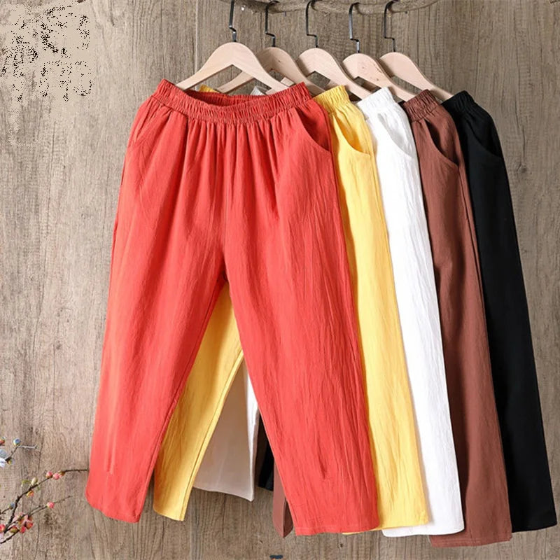 New Large Size Women Pants Spring and Summer Ankle-length Pants Loose Casual Harem  Like Cotton and Linen Trousers Solid Color