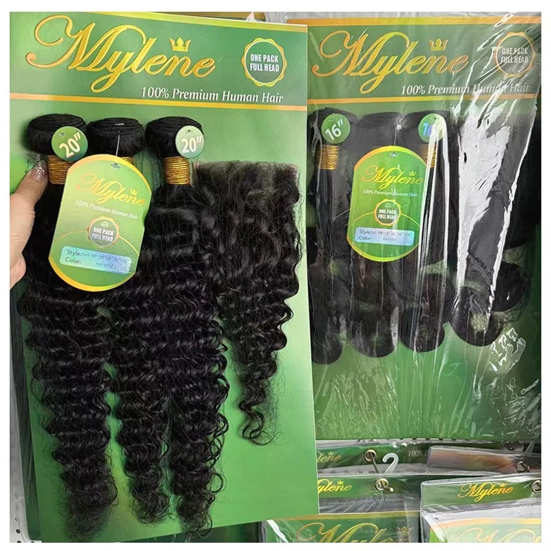 Factory Outlet Wholesale 3+1 Packet 180g 12A Natural Silky Water Deep Wave Brazilian Human Hair Extension Closure 1pc Full Head