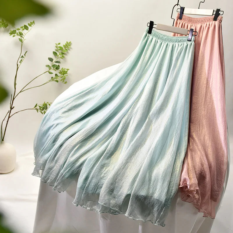 S0007A New Chiffon Pants Double-layer Tulle Elastic Waist Fresh Art Dance Chinese Style Wide Leg Pants Women's Skirts