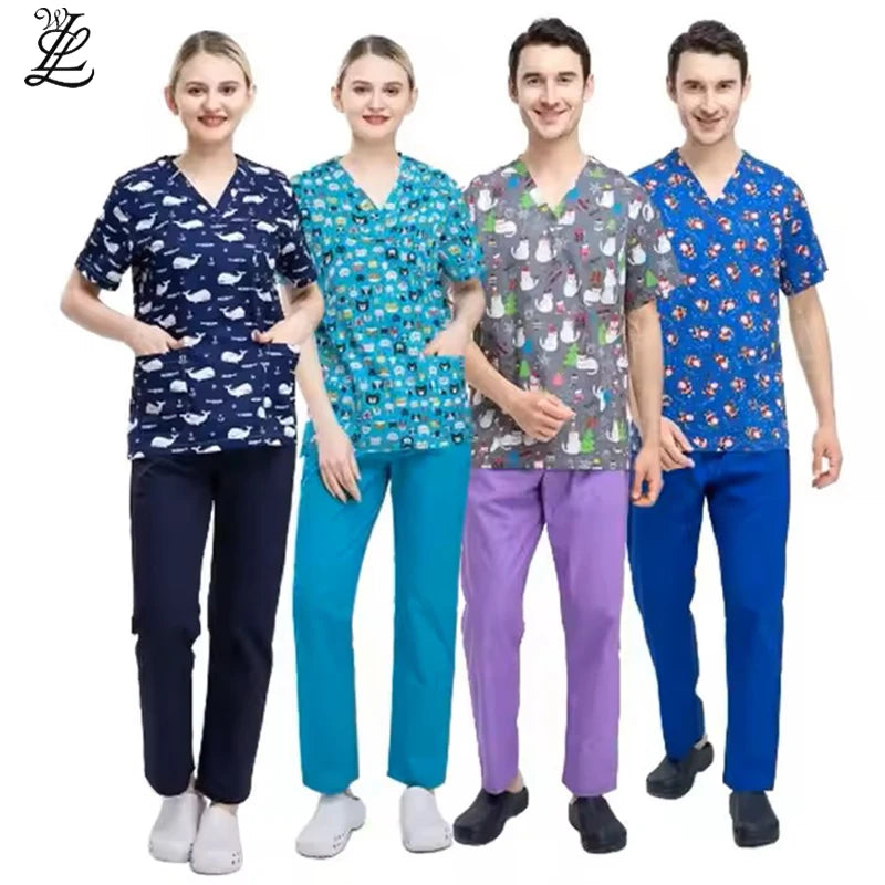 Hot Selling V-Neck Print Scrub Tops for Women Printed Graphic Holiday Nurse Uniform Cotton Stretchy Scrubs Uniforms Sets