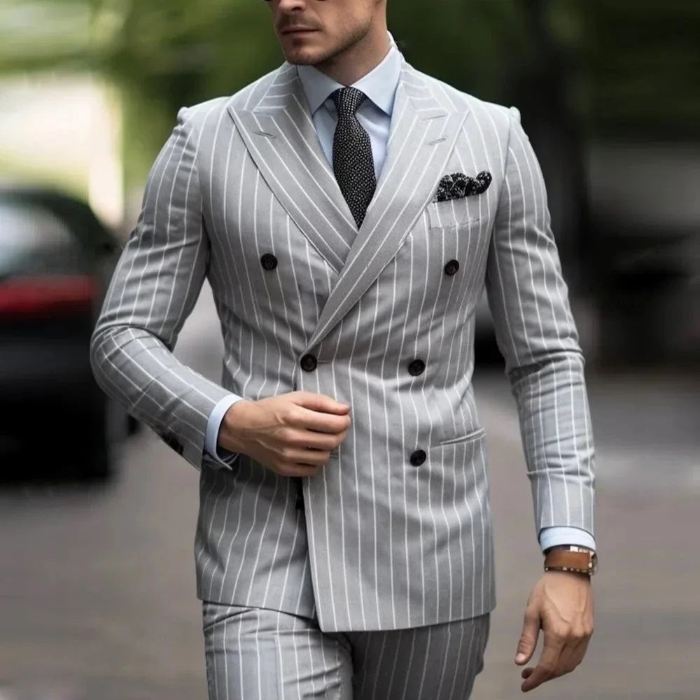 Grey Brown Men's Suits 2 Piece Jacket Pants Set Luxury Double Breasted Peaked Lapel Outfits Elegant Wedding Male Clothing Blazer