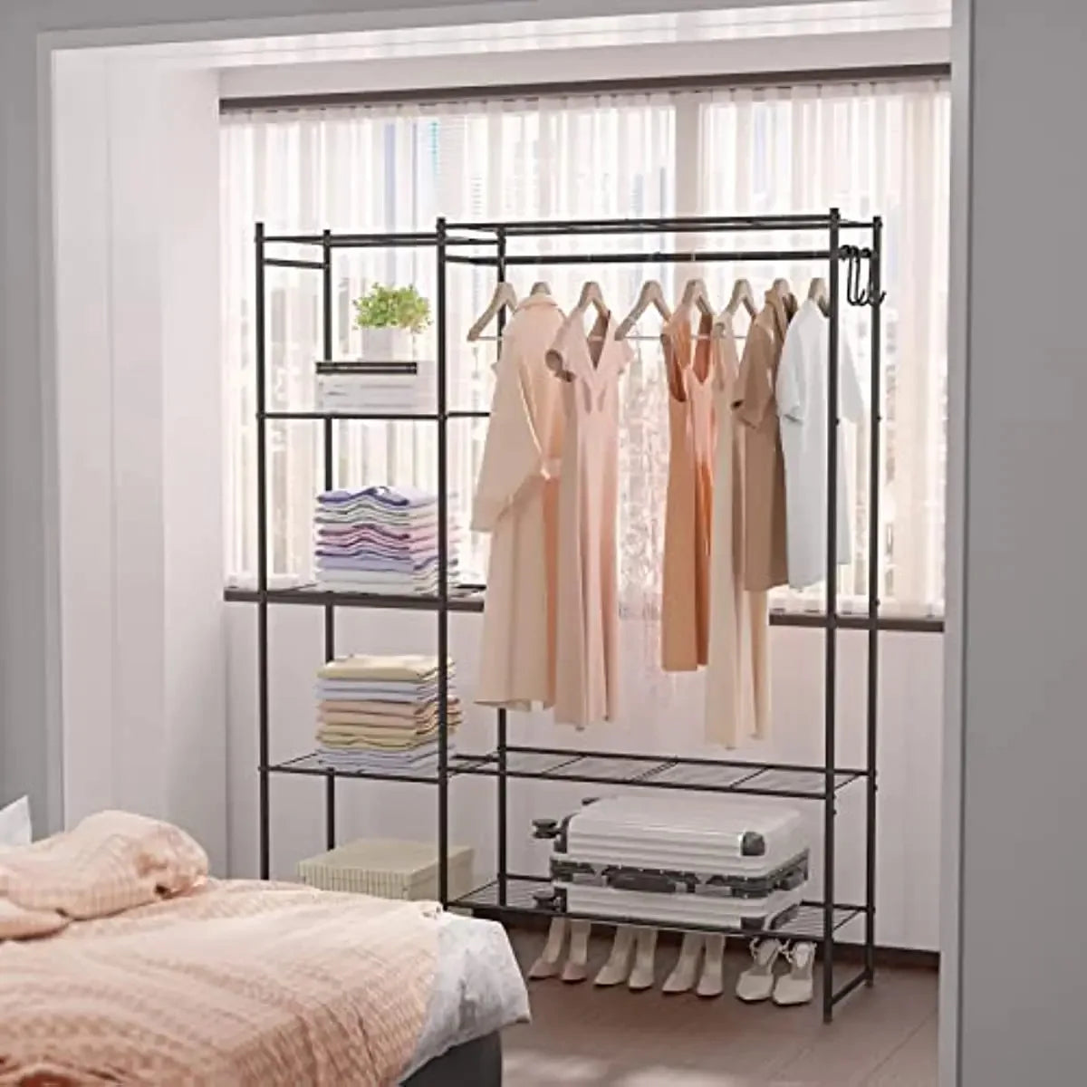 FreeStanding Metal Clothing Rod Organizers and Storage Rack Hanging Wardrobe Closet FreeStanding Shelves
