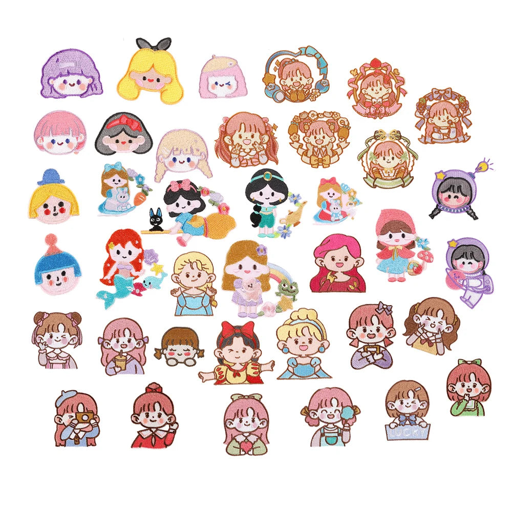 Hot Sale Cartoon Self-adhesive Embroidery Pretty Girl Princess Patches Stickers for Garment Hat Bag