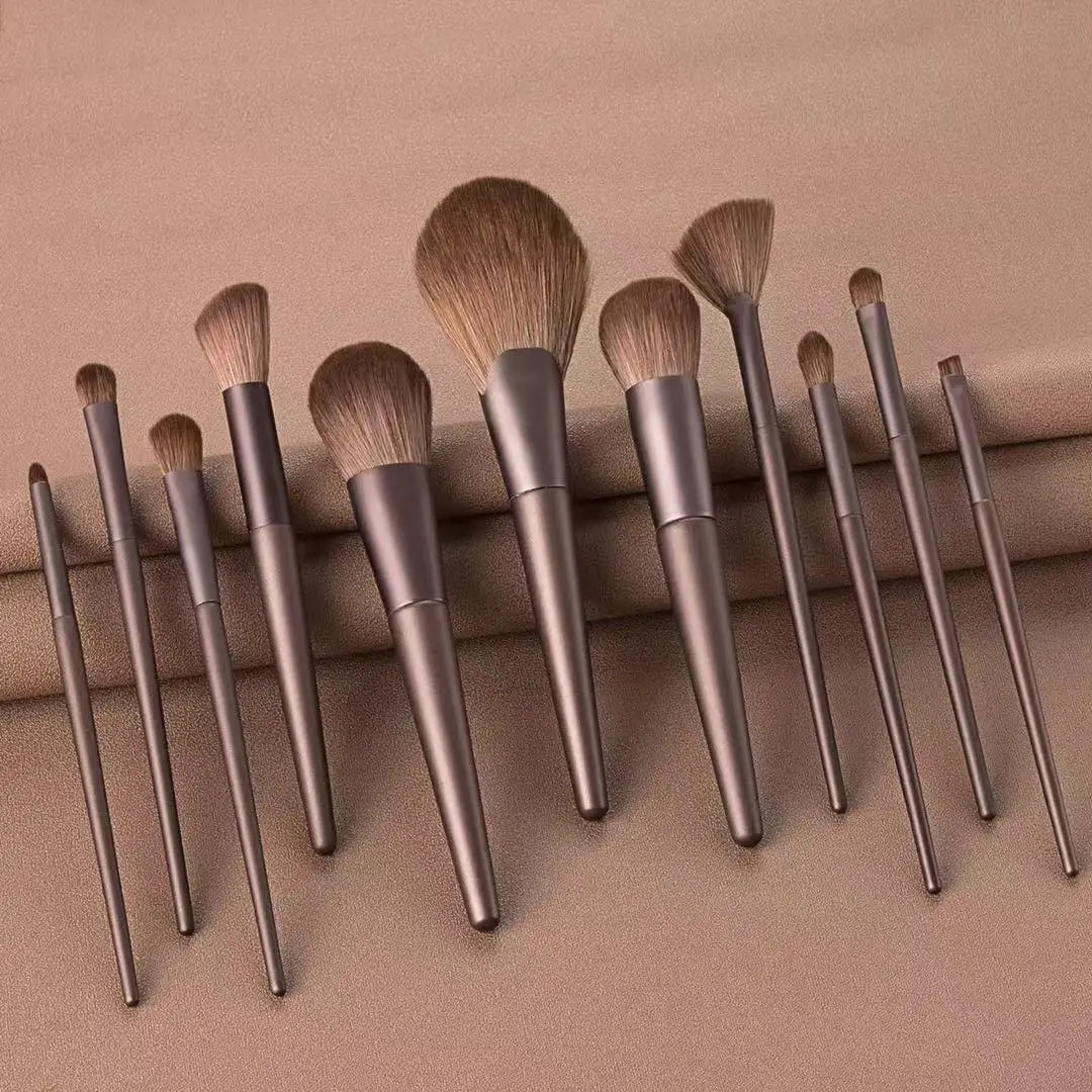 NEW Luxury 11pcs Luxury Brown Wooden Handle Super Soft Makeup Brush Set Hot Style Cosmetic Fan Brush