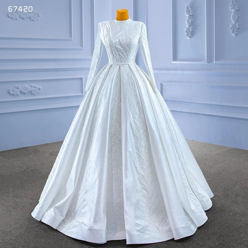 Jancember Rsm67420 New Bride Elegant High Neck Embroidery Slim White Muslim Wedding Dress