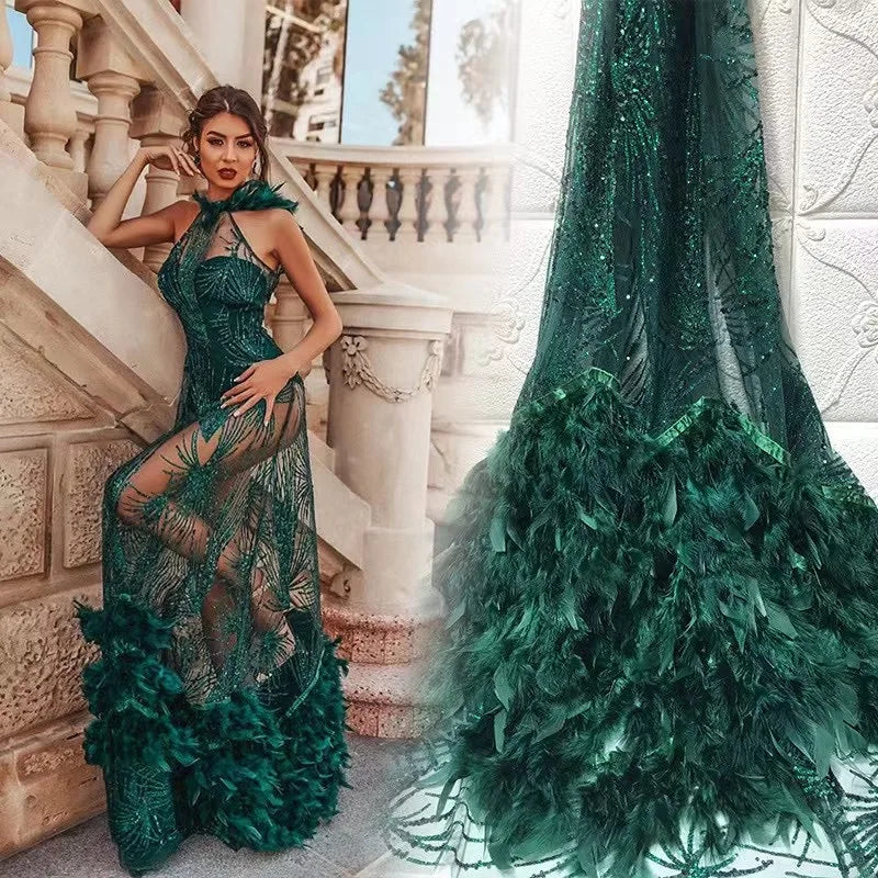 Latest Quality 3d Feathers Floral Tulle Wedding Lace Fabric Fancy Mesh With Feather Wedding Feather Lace Fabric