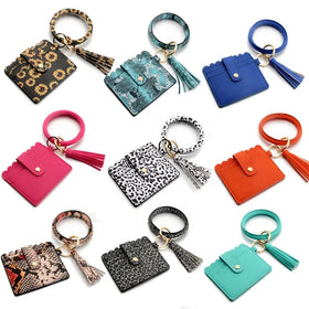Multicolor Custom Circle Bangle Bracelet Card Holder Tassel Keychain PU Leather Womens Wristlets Wallets