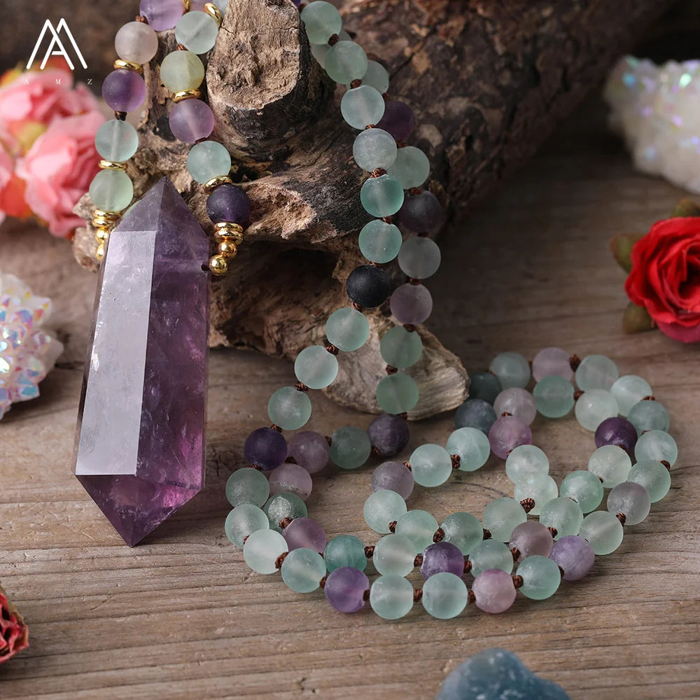 Gold Plated Matted Fluorite Bead Chakra Healing Amethyst Double Point Pendant Crystal Mala Necklace Gifts