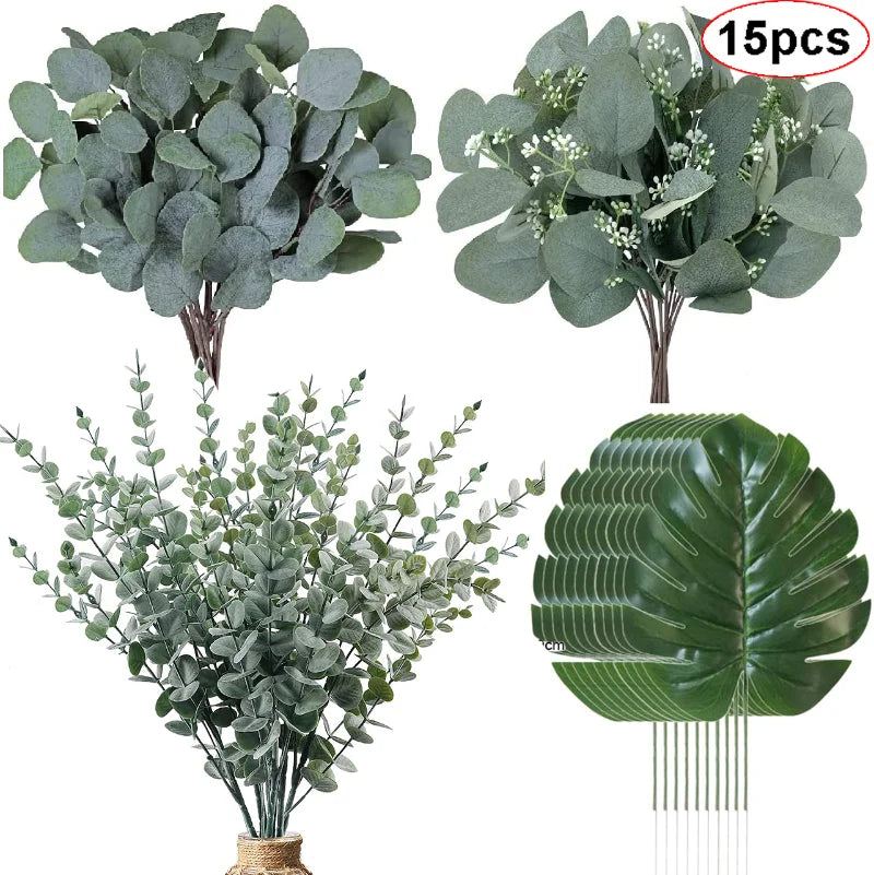 Single Eucalyptus Leaf Stem Simulated Green Plant Outdoor DIY Flower Wall Decoration Family Gathering Christmas Artificial
