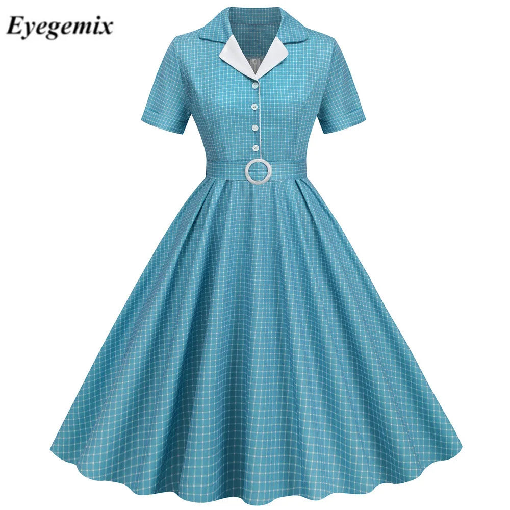 French Vintage Plaid Dress Women Summer Retro 50s 60s 70s Swing Pin up Rockabilly Party Dress Office Robe Vestidos