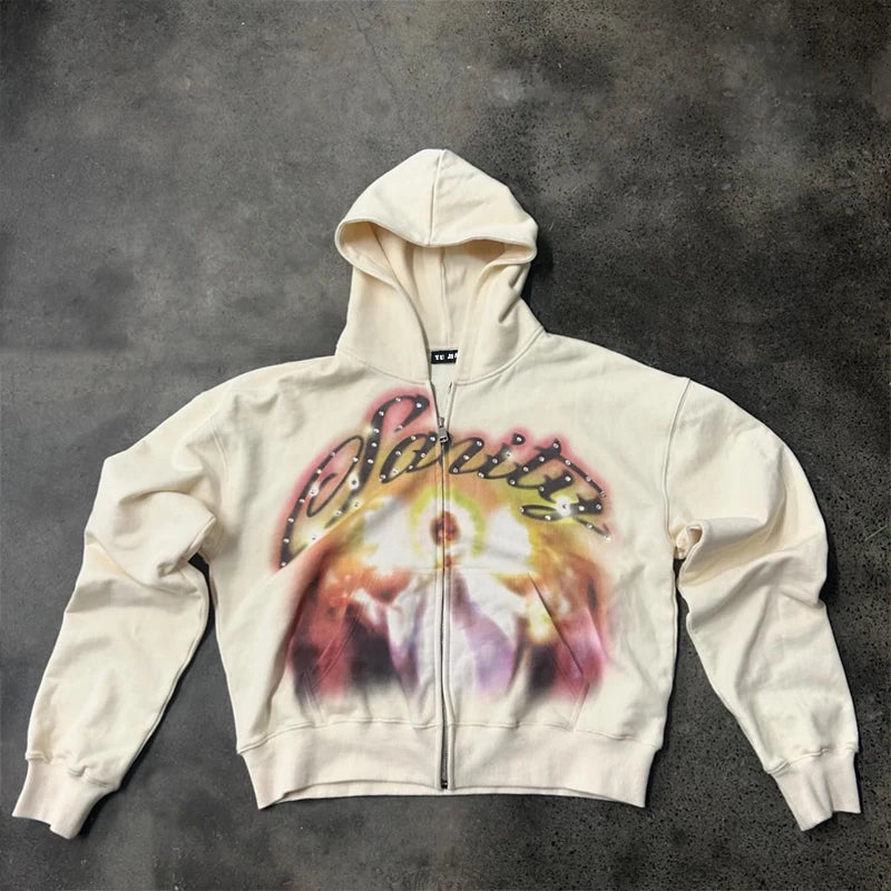 Manufacturer Sun Faded Embroidery Zipper French Terry Streetwear Acid Wash 500gsm Men Zip up Heavyweight Rhinestone Hoodie