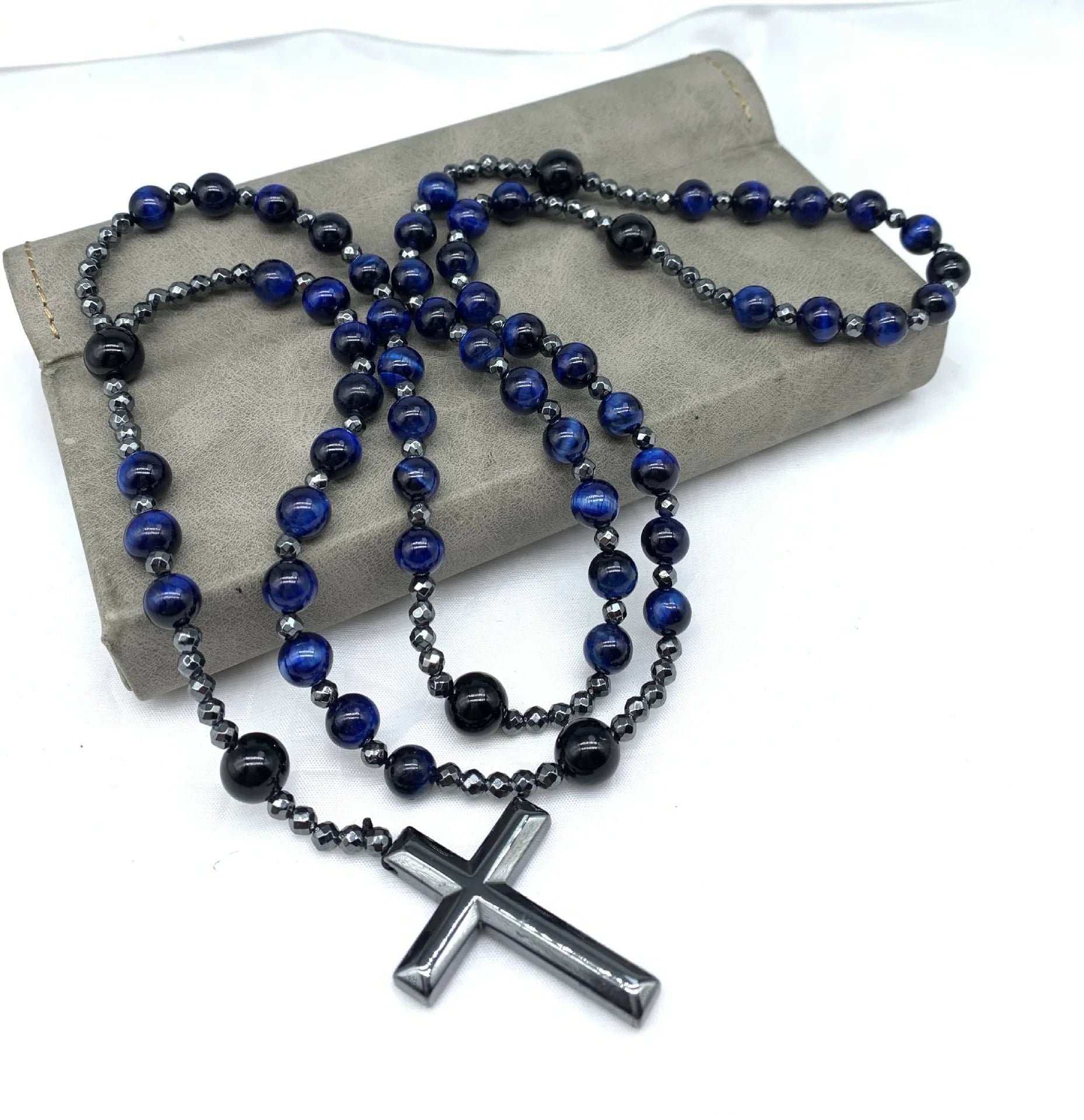 Men's Natural Tiger Eye Cross Pendant Necklace Spliced Bead Chain with Tiger's Eye for Gift Party Christian Religious Symbol