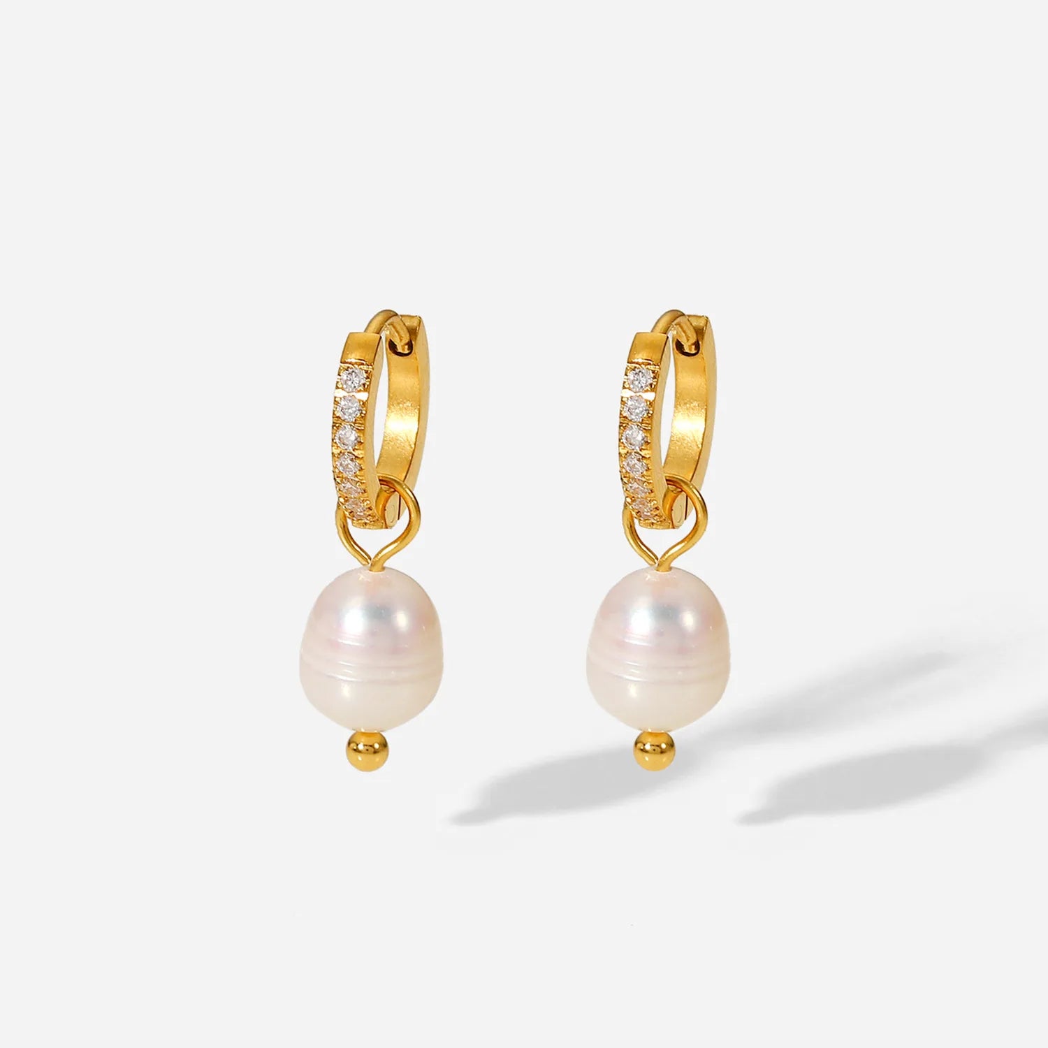Stocks Selling New Waterproof 18k Gold PVD Plated Stainless Steel Jewelry Cubic Zircon Hoop Freshwater Pearl Pendant Earrings
