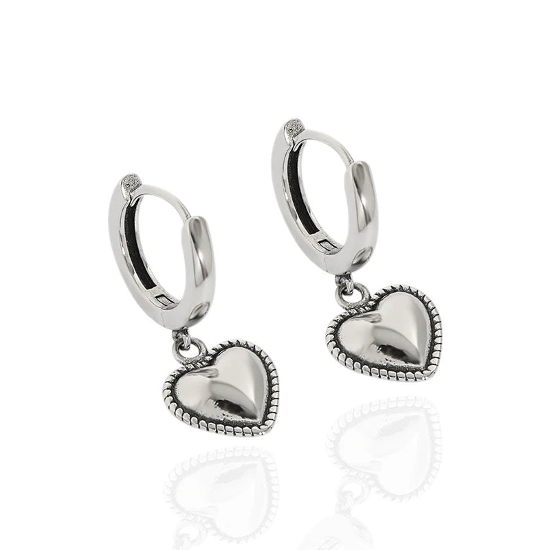 WMEF380 Minimalist Retro Style S925 Sterling Silver Heart Charm Hoop Huggie Earrings Trendy Wedding Gift