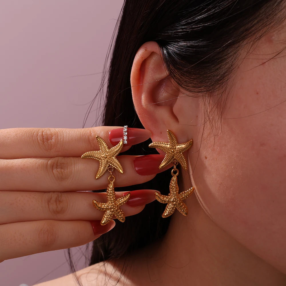 New Summer Vacation Ocean Style Double Starfish Pendant Drop Earrings Beach Jewelry New 18k Gold Plated Stainless Steel No Fade