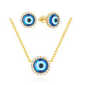 Fashion Jewelry Set 925 Sterling Silver Round Blue Devil Eye Zircon Gold Plated Necklaces Stud Earrings for Women