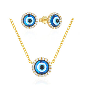Fashion Jewelry Set 925 Sterling Silver Round Blue Devil Eye Zircon Gold Plated Necklaces Stud Earrings for Women