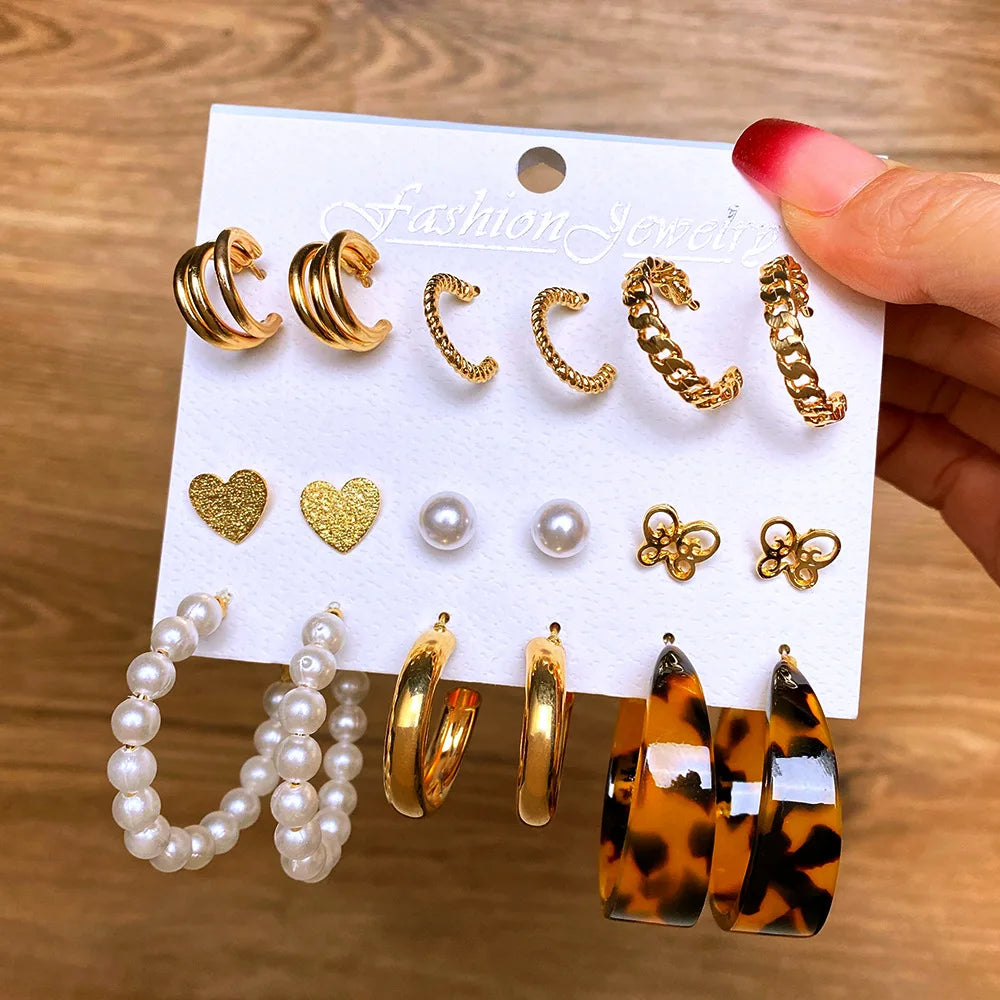 Vintage Heart Butterfly Earring Set 9pairs/set Creative Snake-shaped Mushroom Stud Earrings Butterfly Gold Plated Hoop Earrings